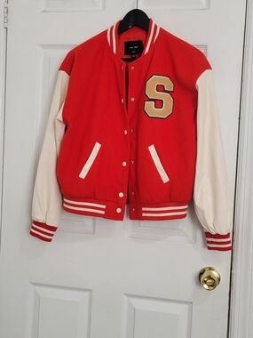 LOVE TREE Red and Cream Varsity Jacket